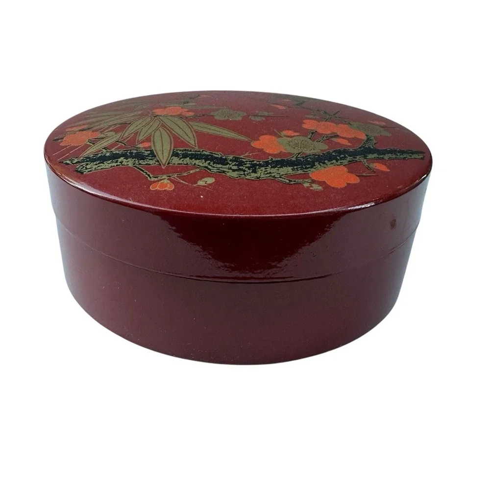 Vintage Red Lacquer Plastic Round PAINTED‎ FLORAL STASH Trinket BOX w Lid Japan